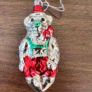Vintage Glass Teddy Bear Ornament German Lederhosen Silver Red Green‎ Christmas